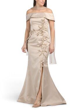 TERANI COUTURE Off The Shoulder 3d Floral Gown